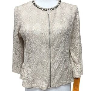 Ruby Rd Cream Lace Crochet Full Zip Cardigan Jacket Blazer‎ Size 10 NWT Feminine